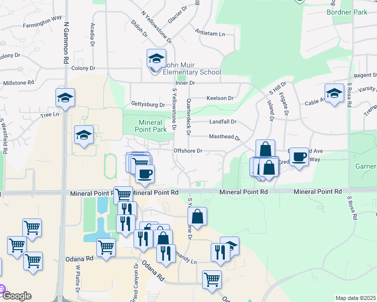 map of restaurants, bars, coffee shops, grocery stores, and more near Offshore Drive in Madison