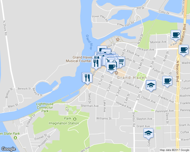 map of restaurants, bars, coffee shops, grocery stores, and more near 114 South Harbor Drive in Grand Haven