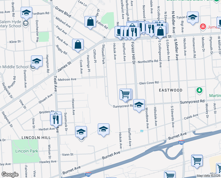 map of restaurants, bars, coffee shops, grocery stores, and more near 231 Shotwell Park in Syracuse