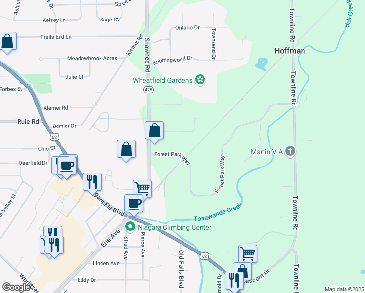 map of restaurants, bars, coffee shops, grocery stores, and more near 3829 Forest Park Way in North Tonawanda