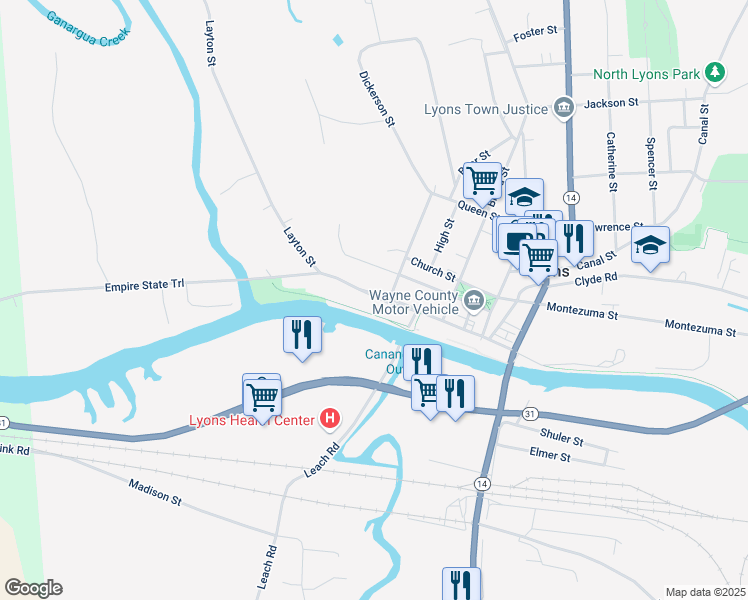map of restaurants, bars, coffee shops, grocery stores, and more near 113 Water Street in Lyons