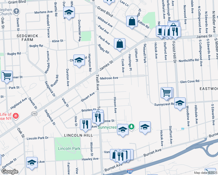 map of restaurants, bars, coffee shops, grocery stores, and more near 300 Hixson Avenue in Syracuse