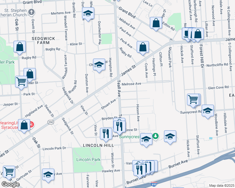 map of restaurants, bars, coffee shops, grocery stores, and more near 1211-13 Teall Avenue in Syracuse