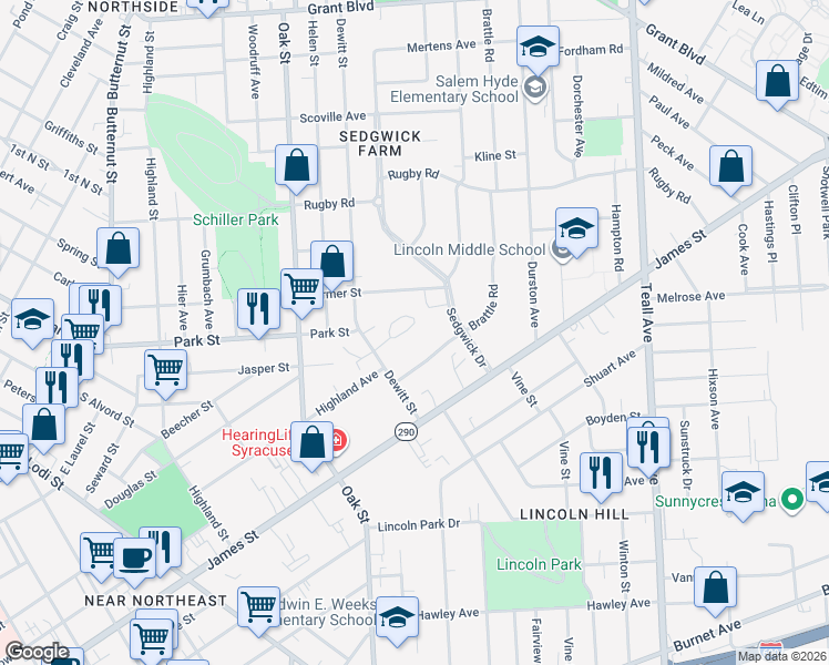 map of restaurants, bars, coffee shops, grocery stores, and more near 111 Burlingame Road in Syracuse