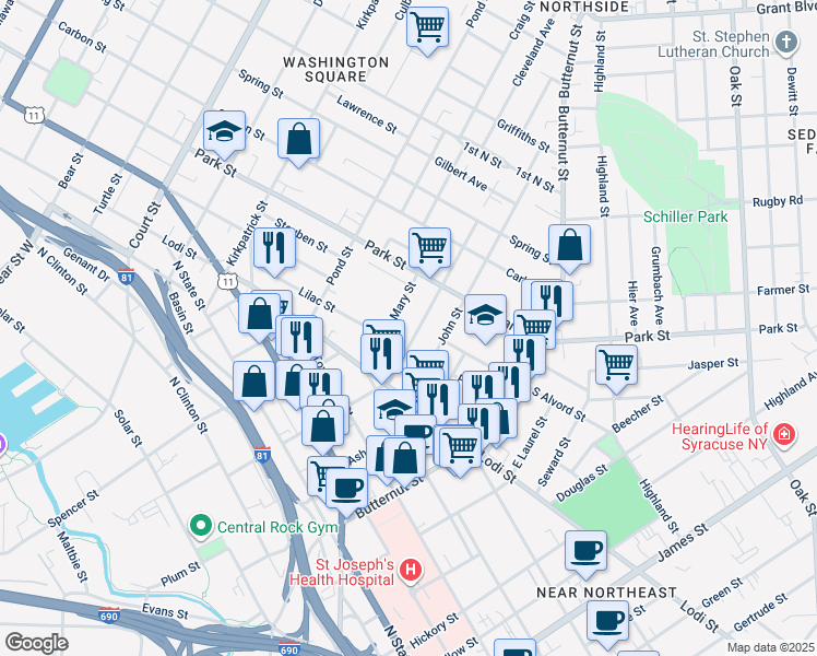map of restaurants, bars, coffee shops, grocery stores, and more near 641 East Division Street in Syracuse