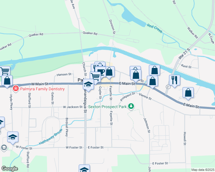 map of restaurants, bars, coffee shops, grocery stores, and more near 222 East Main Street in Palmyra