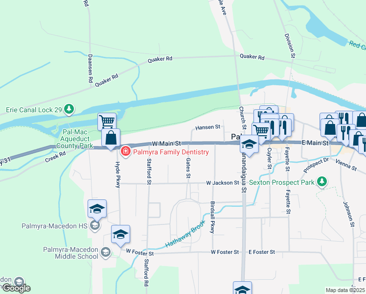 map of restaurants, bars, coffee shops, grocery stores, and more near 328 West Main Street in Palmyra