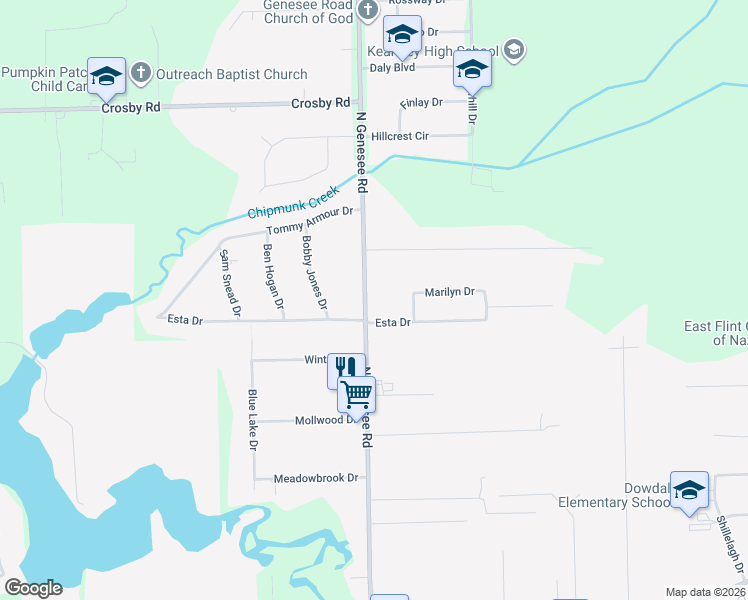 map of restaurants, bars, coffee shops, grocery stores, and more near 4044 North Genesee Road in Flint