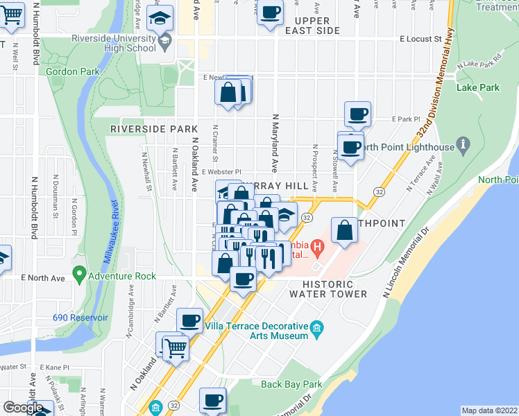 map of restaurants, bars, coffee shops, grocery stores, and more near 2119 East Bradford Avenue in Milwaukee