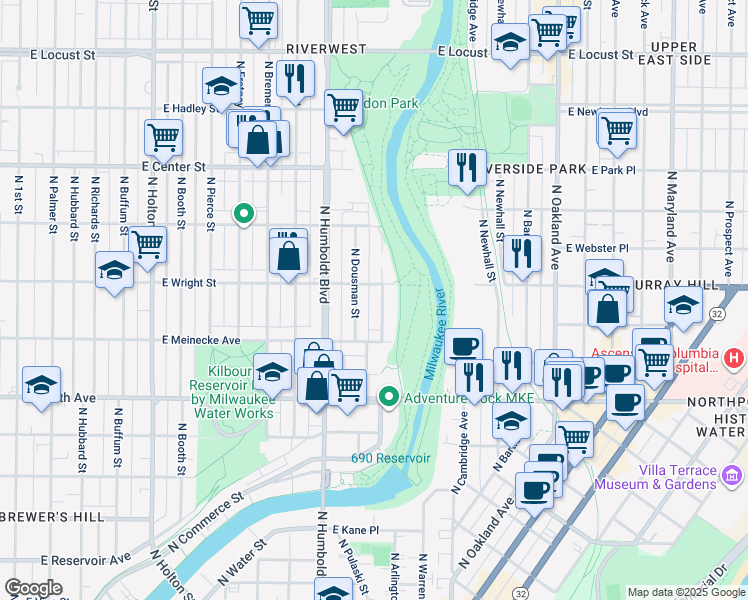 map of restaurants, bars, coffee shops, grocery stores, and more near 2465 North Gordon Place in Milwaukee