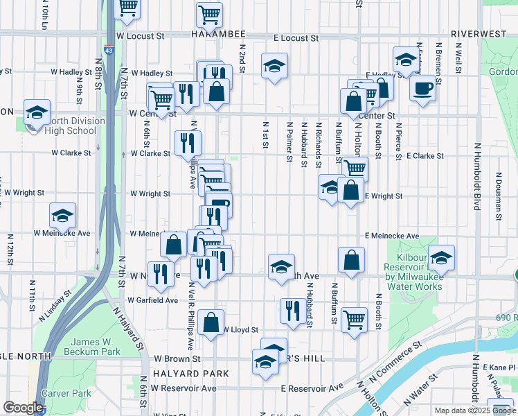 map of restaurants, bars, coffee shops, grocery stores, and more near 2468 North 2nd Street in Milwaukee
