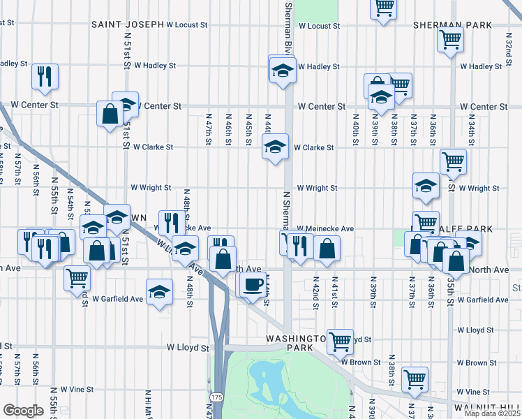 map of restaurants, bars, coffee shops, grocery stores, and more near 2445 North 44th Street in Milwaukee