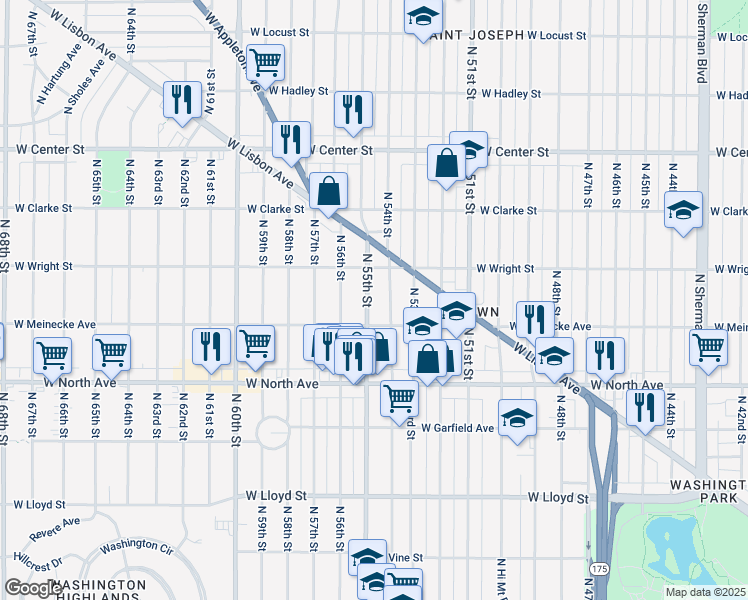 map of restaurants, bars, coffee shops, grocery stores, and more near 2445 North 54th Street in Milwaukee