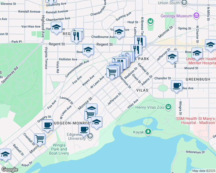 map of restaurants, bars, coffee shops, grocery stores, and more near 2010 Monroe Street in Madison