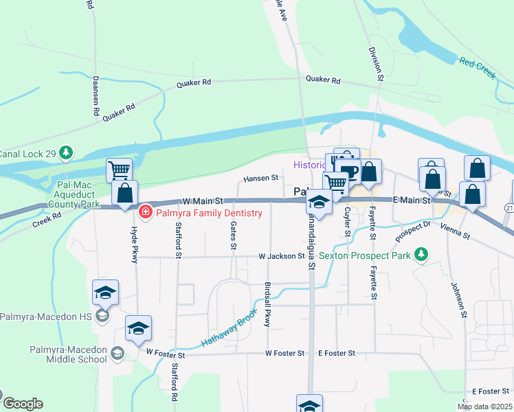 map of restaurants, bars, coffee shops, grocery stores, and more near 208 West Main Street in Palmyra
