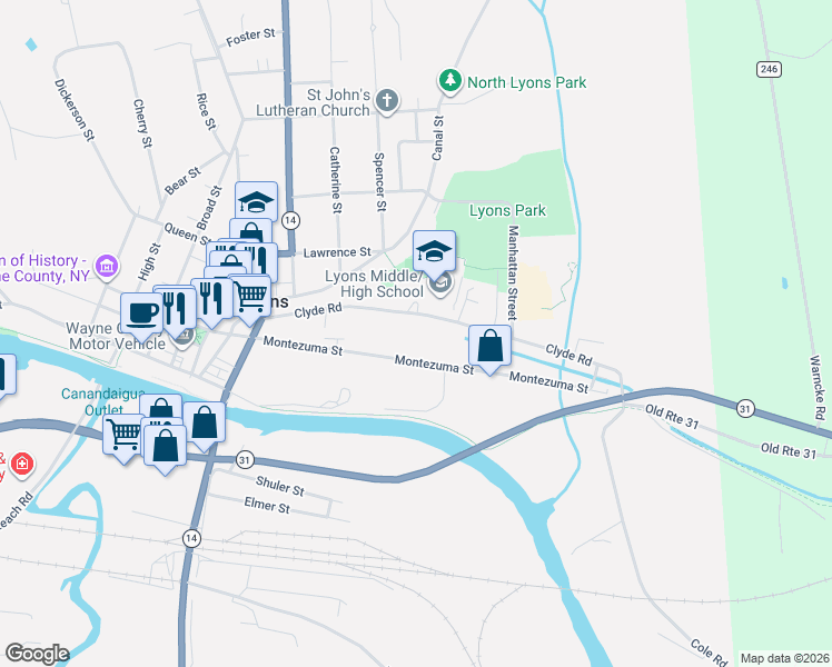 map of restaurants, bars, coffee shops, grocery stores, and more near 29 Clyde Road in Lyons
