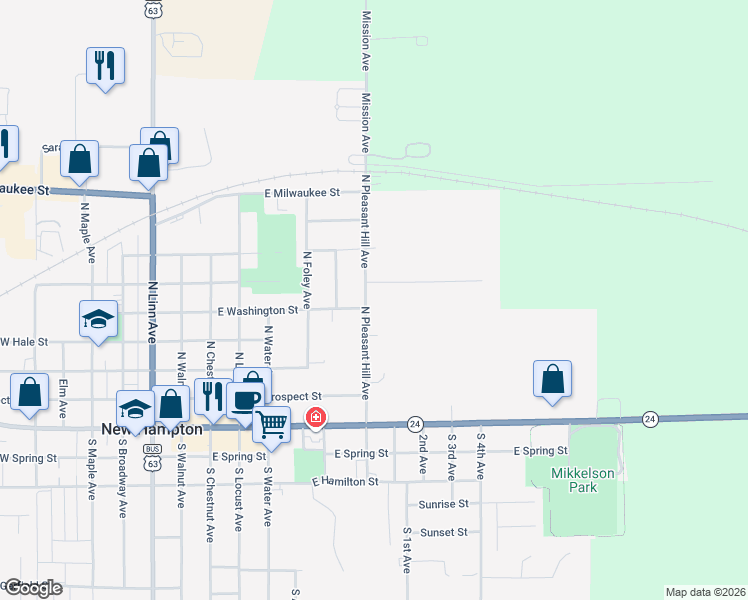 map of restaurants, bars, coffee shops, grocery stores, and more near 401-499 N Pleasant Hill Ave in New Hampton