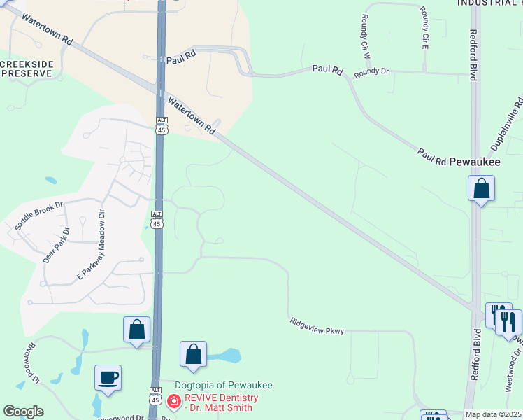map of restaurants, bars, coffee shops, grocery stores, and more near N25W23645 Watertown Road in Waukesha