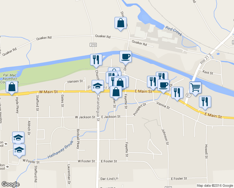 map of restaurants, bars, coffee shops, grocery stores, and more near 222 East Main Street in Palmyra