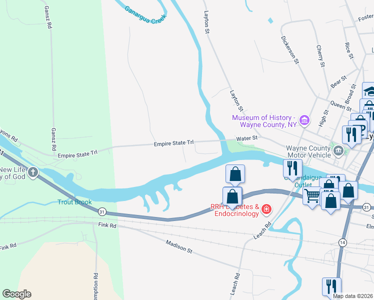 map of restaurants, bars, coffee shops, grocery stores, and more near 189 Water Street in Lyons