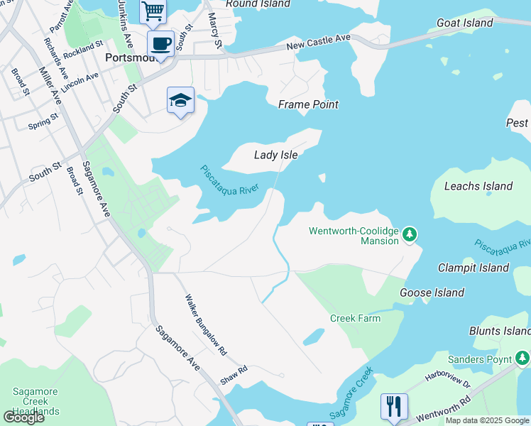 map of restaurants, bars, coffee shops, grocery stores, and more near Belle Isle Road in Portsmouth