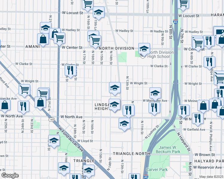map of restaurants, bars, coffee shops, grocery stores, and more near 2450 North 14th Street in Milwaukee