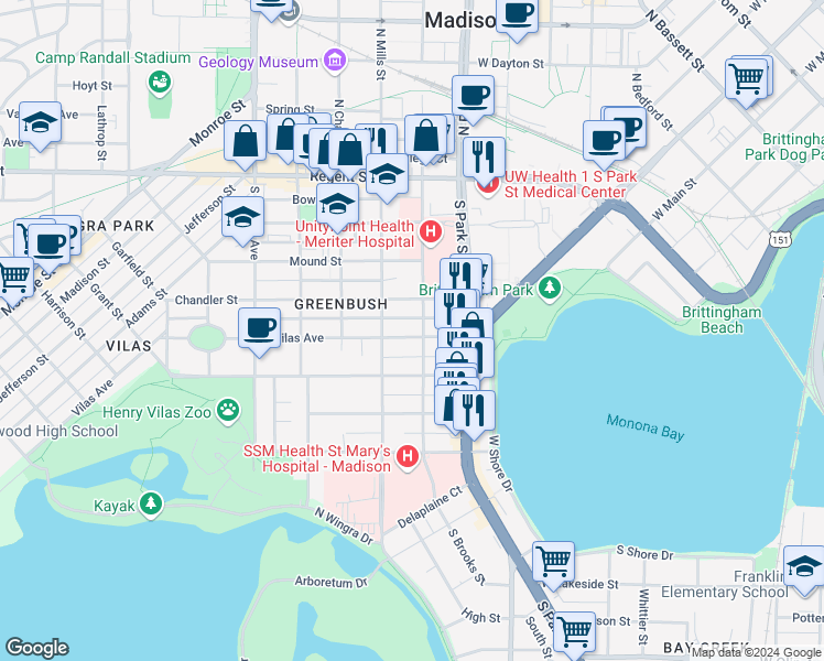 map of restaurants, bars, coffee shops, grocery stores, and more near 1008 Vilas Avenue in Madison