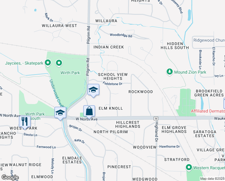 map of restaurants, bars, coffee shops, grocery stores, and more near 2440 Kevenauer Drive in Brookfield