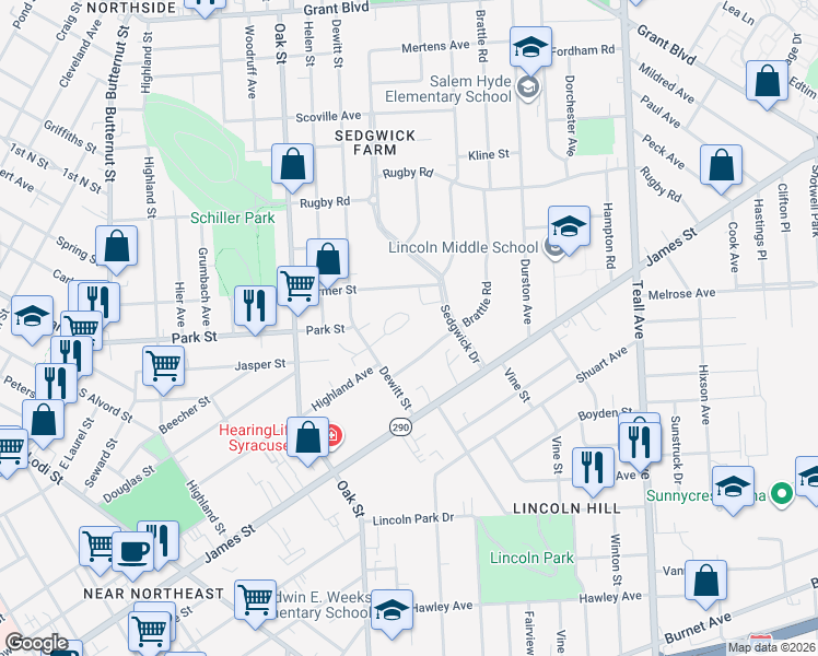 map of restaurants, bars, coffee shops, grocery stores, and more near 111 Burlingame Road in Syracuse