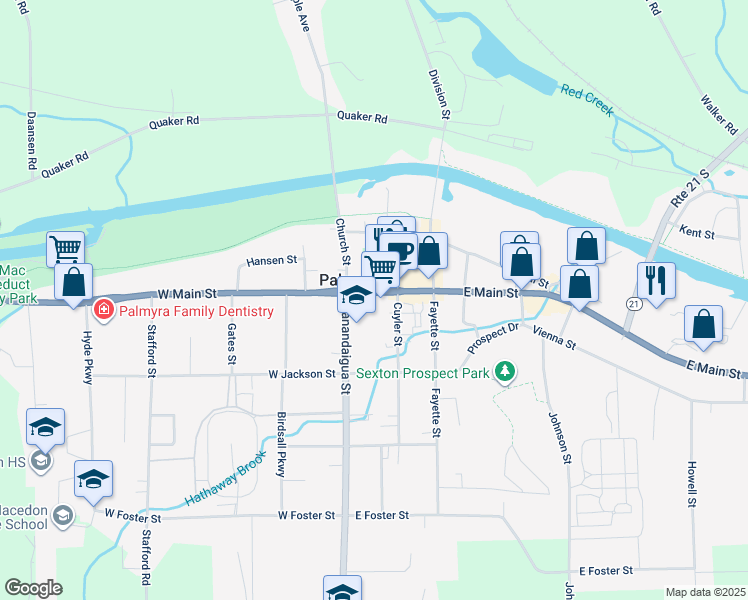 map of restaurants, bars, coffee shops, grocery stores, and more near 138 East Main Street in Palmyra