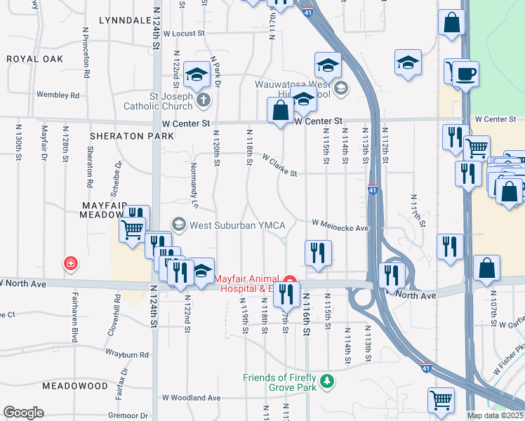 map of restaurants, bars, coffee shops, grocery stores, and more near 2416 North 118th Street in Wauwatosa