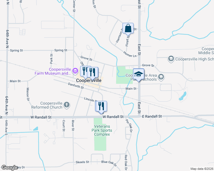 map of restaurants, bars, coffee shops, grocery stores, and more near 199 Main Street in Coopersville