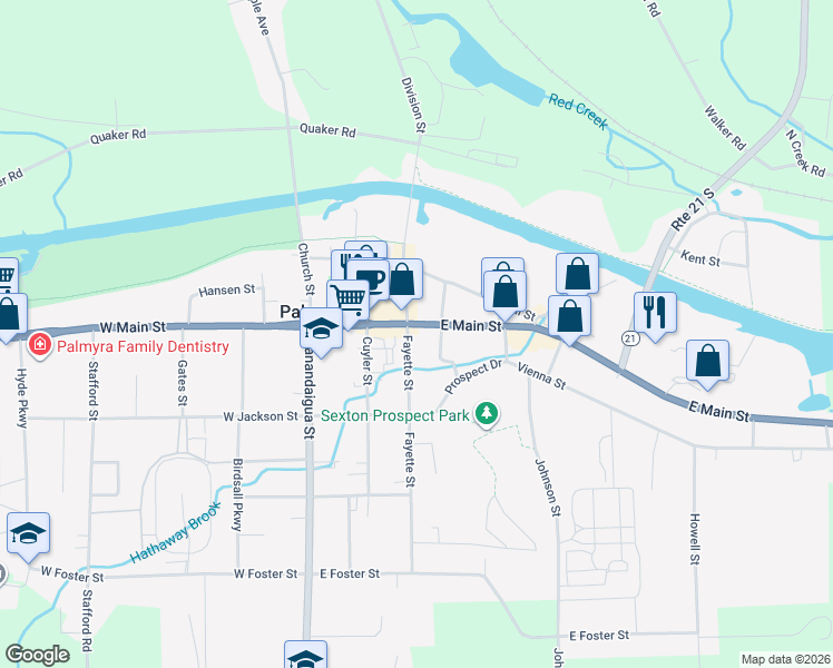 map of restaurants, bars, coffee shops, grocery stores, and more near 316 East Main Street in Palmyra