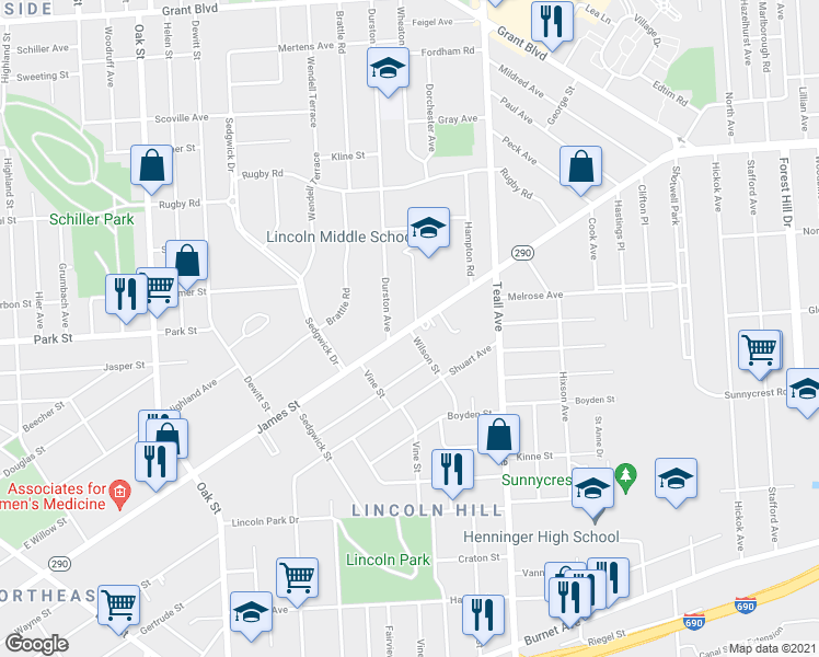 map of restaurants, bars, coffee shops, grocery stores, and more near James Street & Wilson Street in Syracuse