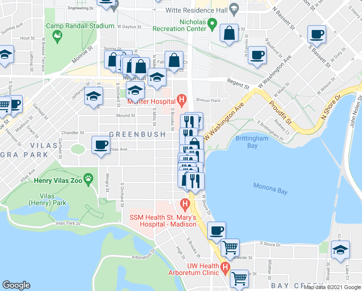 map of restaurants, bars, coffee shops, grocery stores, and more near 918 Vilas Avenue in Madison