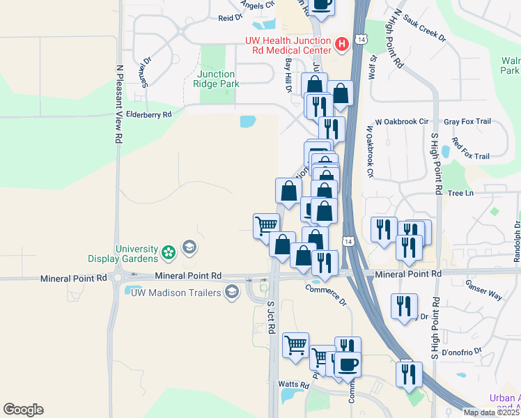 map of restaurants, bars, coffee shops, grocery stores, and more near 210 Junction Road in Madison