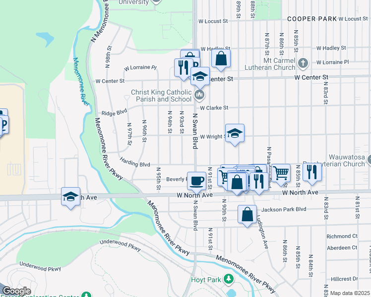 map of restaurants, bars, coffee shops, grocery stores, and more near 2451 North 93rd Street in Wauwatosa