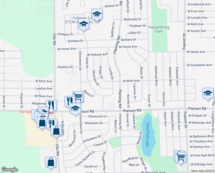 map of restaurants, bars, coffee shops, grocery stores, and more near 1714 Marlowe Drive in Flint