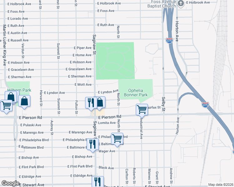 map of restaurants, bars, coffee shops, grocery stores, and more near 774 East Lyndon Avenue in Flint