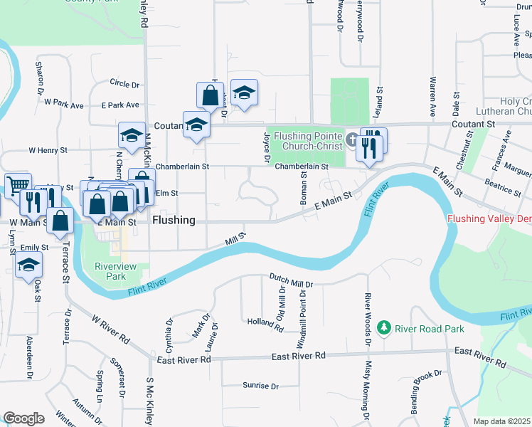 map of restaurants, bars, coffee shops, grocery stores, and more near 615 East Main Street in Flushing
