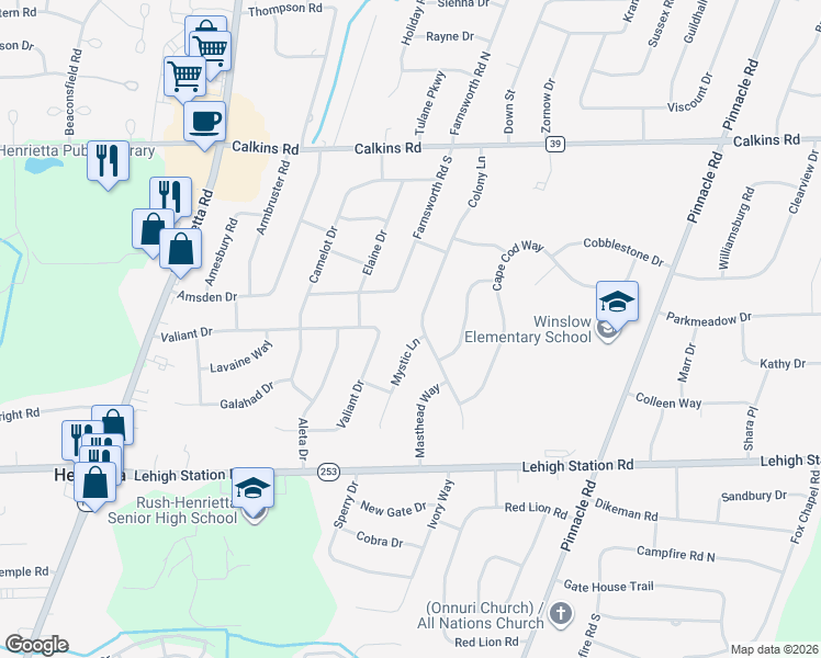 map of restaurants, bars, coffee shops, grocery stores, and more near 178 Valiant Drive in Rochester
