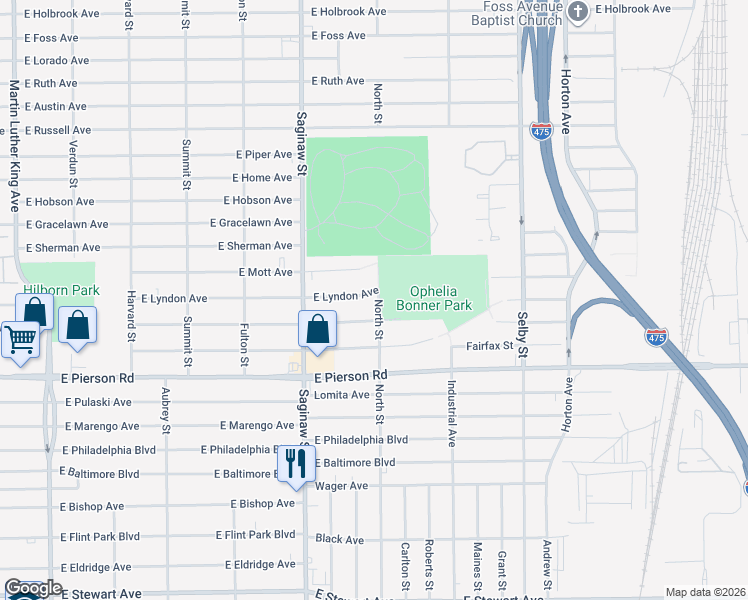 map of restaurants, bars, coffee shops, grocery stores, and more near 774 East Lyndon Avenue in Flint