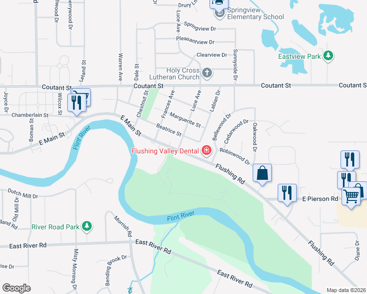 map of restaurants, bars, coffee shops, grocery stores, and more near 1141 East Main Street in Flushing