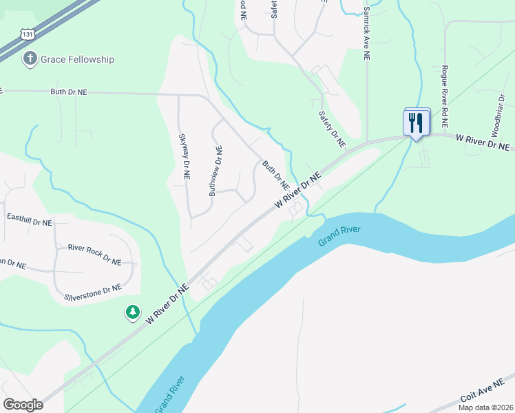 map of restaurants, bars, coffee shops, grocery stores, and more near 5527 West River Drive Northeast in Comstock Park