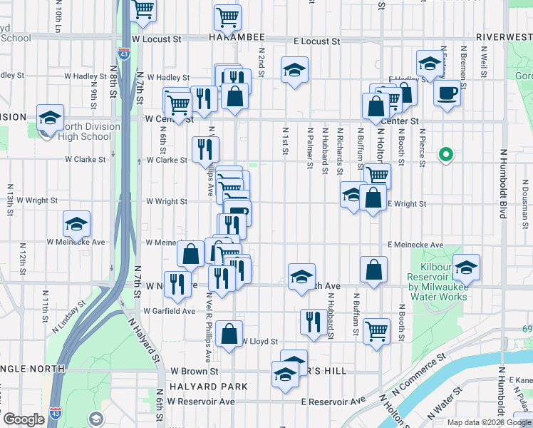 map of restaurants, bars, coffee shops, grocery stores, and more near 2468 North 2nd Street in Milwaukee