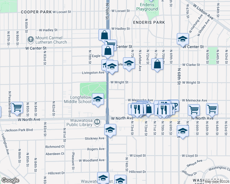 map of restaurants, bars, coffee shops, grocery stores, and more near 7511 Hennessey Avenue in Wauwatosa