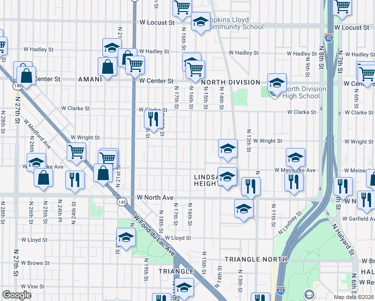 map of restaurants, bars, coffee shops, grocery stores, and more near 2453 North 16th Street in Milwaukee