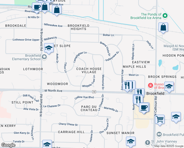 map of restaurants, bars, coffee shops, grocery stores, and more near 2425 Whipple Tree Lane in Brookfield