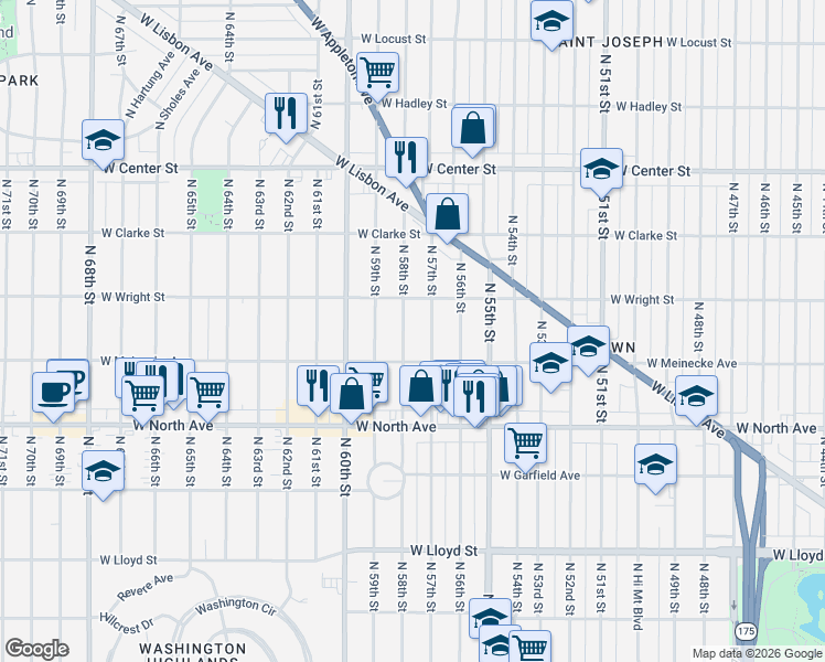 map of restaurants, bars, coffee shops, grocery stores, and more near 2445 North 58th Street in Milwaukee