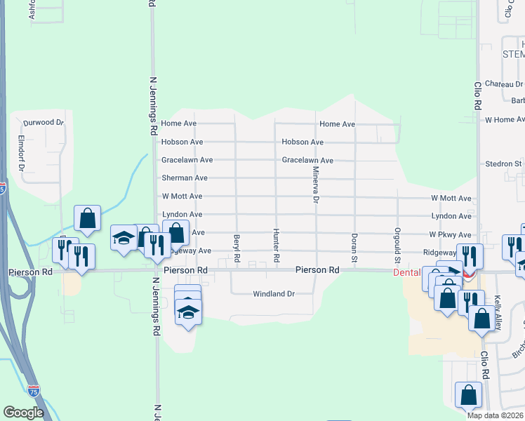 map of restaurants, bars, coffee shops, grocery stores, and more near 3350 Lyndon Avenue in Flint